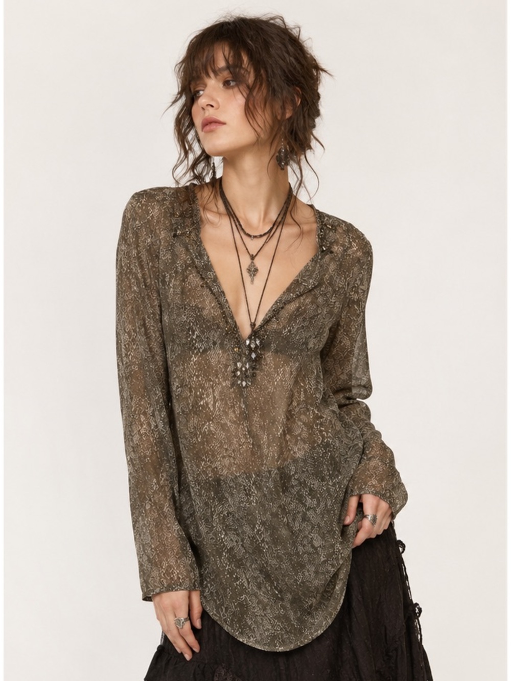 Chico's Brown Bohemian Wimsigoth Snake Print Sheer VNeck Beaded Tunic Top Medium